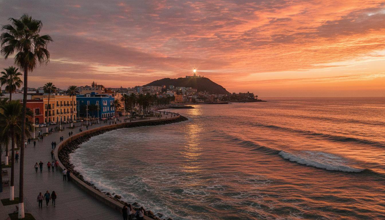 Malecón de Mazatlán Sinaloa al atardecer con el Faro Natural en el cerro